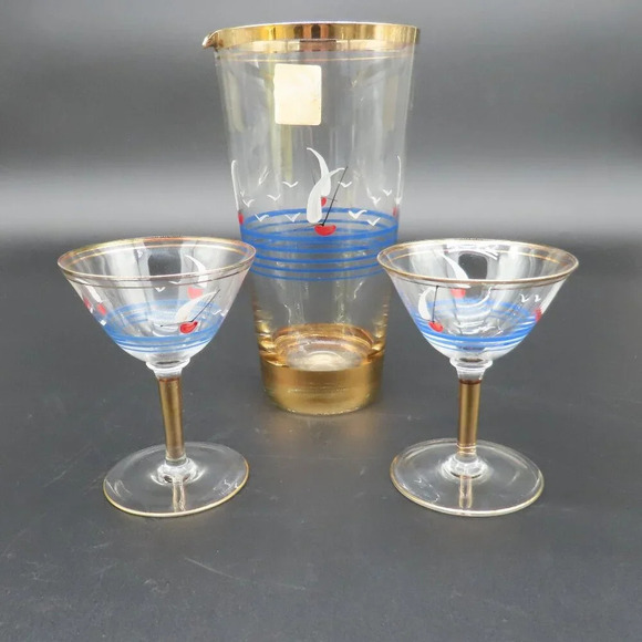 Other - Hand painted Vintage Glass Martini Cocktail Set Italian Sailboats Gold Trim